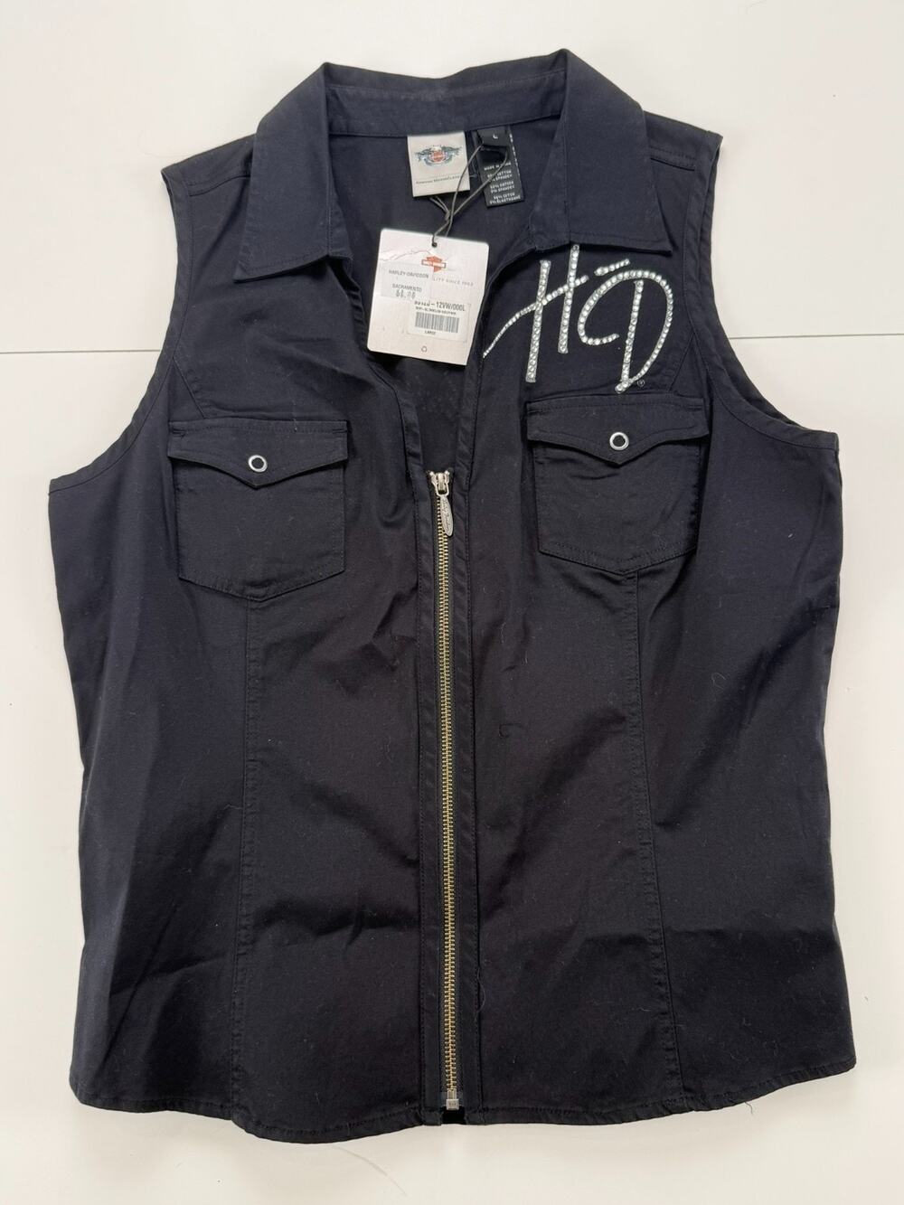 Harley Davidson Womens L Black Rhinestone Sleeveless Zip Shirt Vest NWT